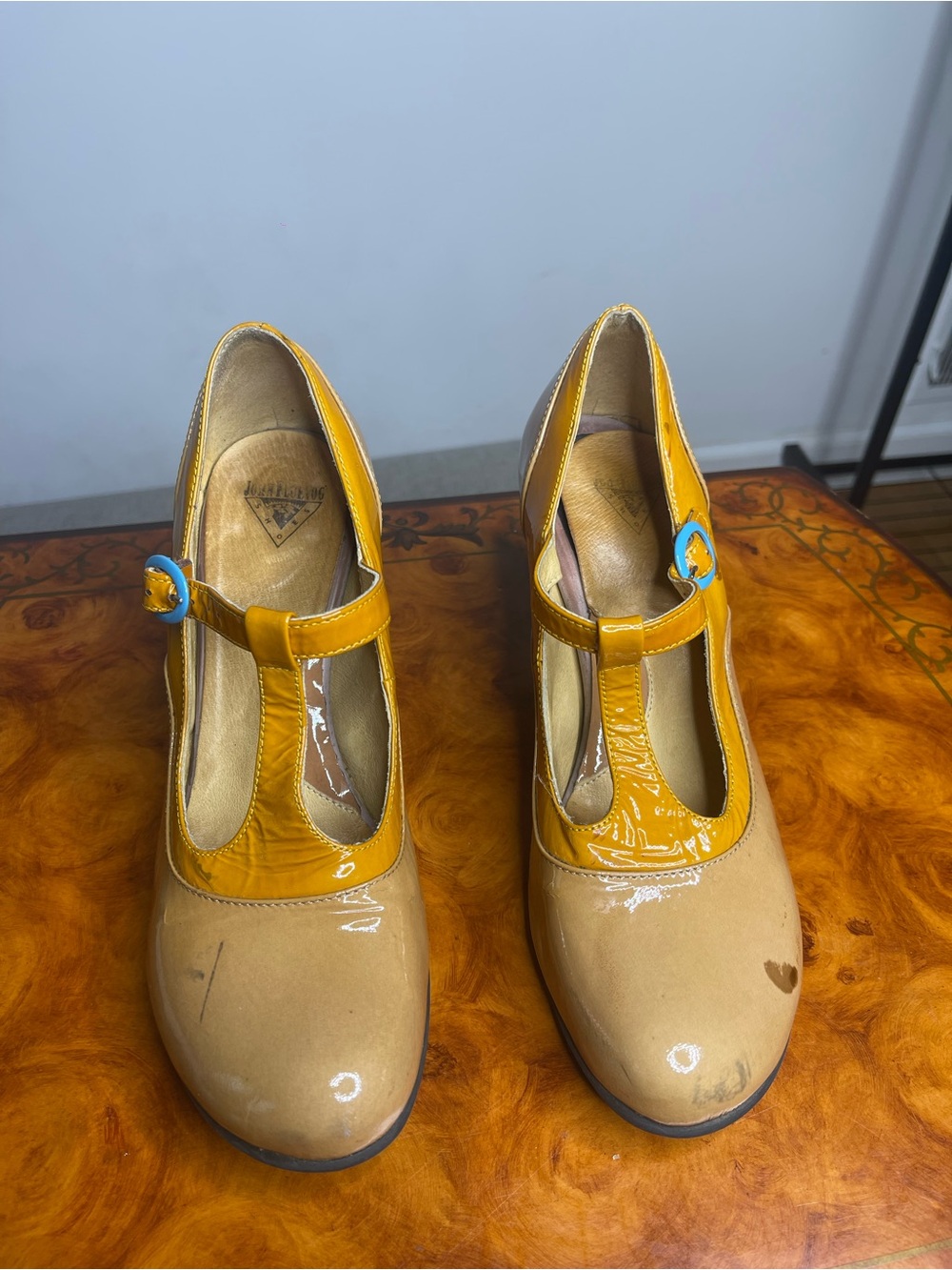 Mary Jane Two-Tone Yellow and Beige Patent T-Strap Heels